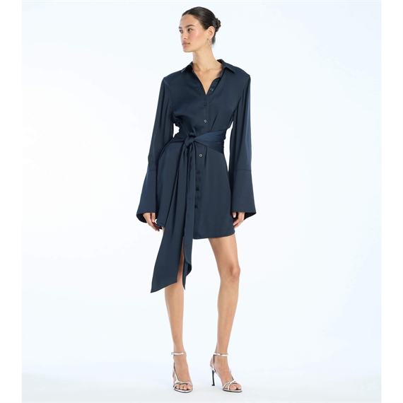Rotate Satin Tie Shirt Dress, Sky Captain